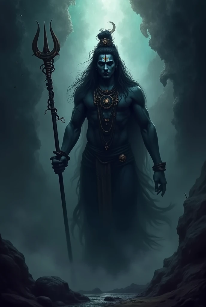Mahadev in dark rudra rupp with thunder storm with trisul and image in shadow form