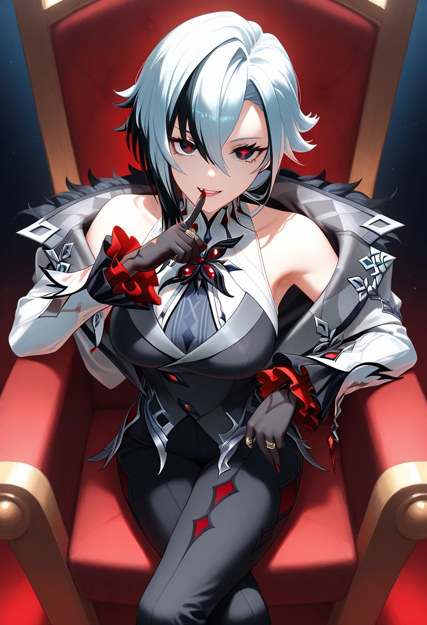 best qualityer, work of art,lora:arlecchino_phivo:1>broke up_lips, side locks, high collar, preTo_mitts, x-shaped_aluphis, :d, gazing_phi_viewer, sexual look, Simpler_fund, high resolution, English_comment, Finger_To_gura, index_Finger_Created, standing alone, gris_fund, 1 girl, arlecchino_\(genshin_impacTo\), far away_sleeveless, absurderes,