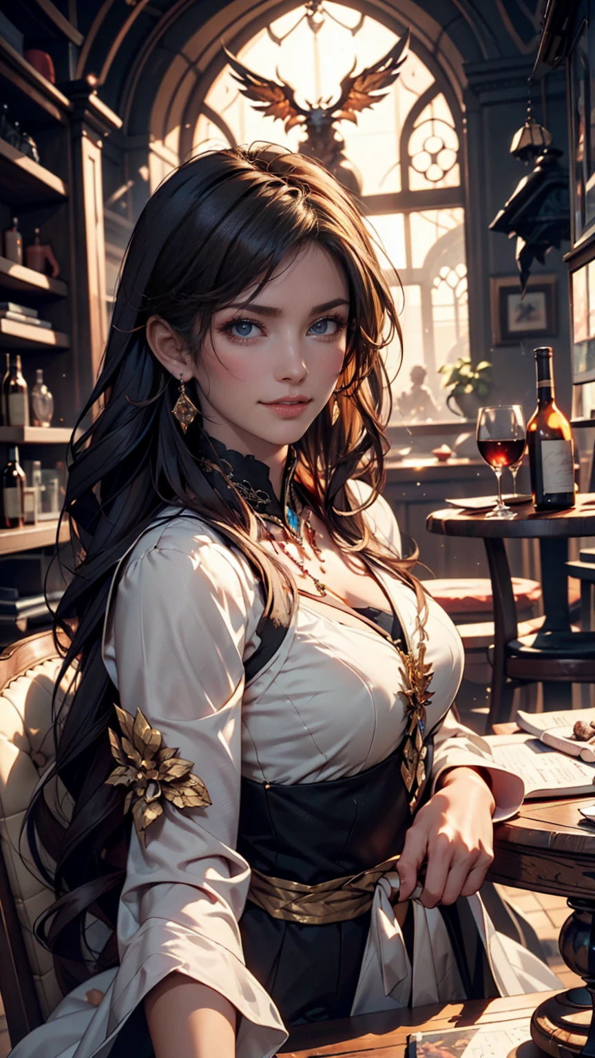 A beautiful detailed girl with stunning eyes, long eyelashes, detailed lips, gothic medieval dress, sitting in a fantasy medieval pub, (best quality,4k,8k,highres,masterpiece:1.2),ultra-detailed,(realistic,photorealistic,photo-realistic:1.37),hyperdetailed,intricate,highly detailed,cinematic lighting,dramatic shadows,moody atmosphere,warm color tones,glowing candles,wood tavern interior