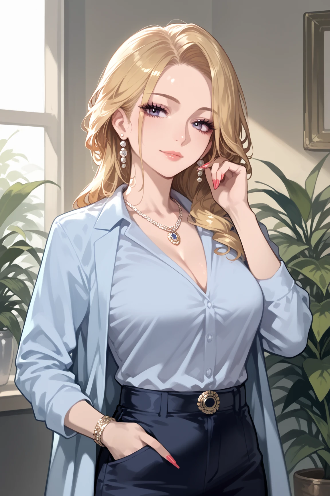 ((Biologically correct limb count))、((Full Body Shot, Full-body photo including face、Head to toe photos))、4K、(masterpiece:1.3)、((Symmetrical facial features))、Eyes of meticulous depiction、beautiful 、Excellent style、((skirt、The neckline is a lace embroidered sheer shirt.、High heels with anklets))、Detailed Description、shopping、Married Woman、sex appeal、Alluring、Handbags、Earrings、necklace、profile、Upper body close-up、Looking up、Blonde、(male:-0.5),(multiple:-0.5)