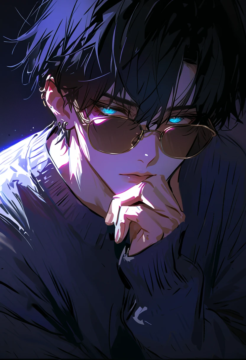impasto, short hair, Masterpiece, best quality , 1 person , black hair with GLAY inner hair color , perfect face , GLAY Eye , handsome man , Alone, blue-white skin , adult male , upper body , Delicate line drawing, front with side View , very detailed , black background , sketch , Stylish clothes , black sunglasses , border color cardigan, modern style , piercing , sit , expressionless , rest one's chin on one's chin , one's eyes from above