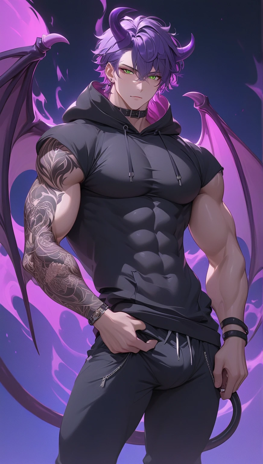 A young man with short gray hair, completely white skin, pale skin, resolute eyes, handsome face, serious expression, a metal collar around his neck, his upper body is bare, a slender yet muscular build, a purple demon tattoo is on his left shoulder, a black and white belt, cloth trousers, emitting a purple aura, he stands in a mining valley, the ground around him glowing red and cracking open, this character embodies a finely crafted fantasy-style slave warrior in anime style, exquisite and mature manga art style, dramatic, high definition, best quality, highres, ultra-detailed, ultra-fine painting, extremely delicate, professional, perfect body proportions, golden ratio, anatomically correct, symmetrical face, extremely detailed eyes and face, high quality eyes, creativity, RAW photo, UHD, 32k, Natural light, cinematic lighting, masterpiece-anatomy-perfect, masterpiece:1.5