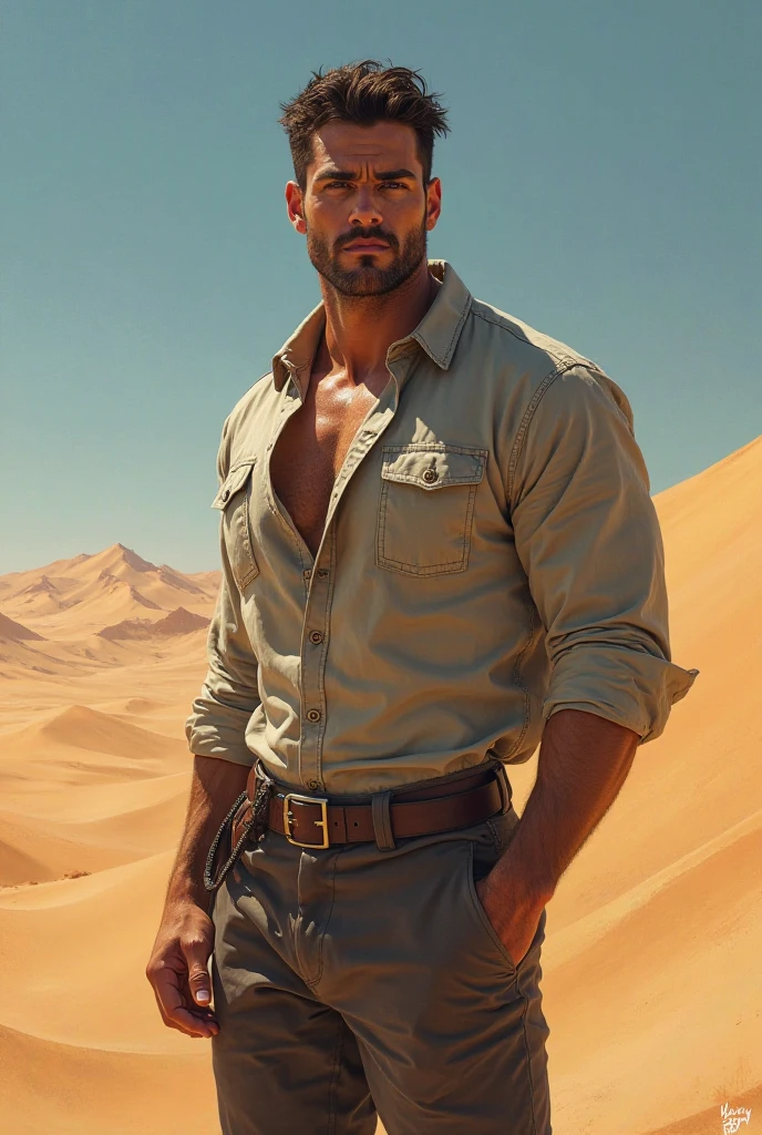 A handsome beautiful slim shirtless white skin man in the desert many horse running behind him
