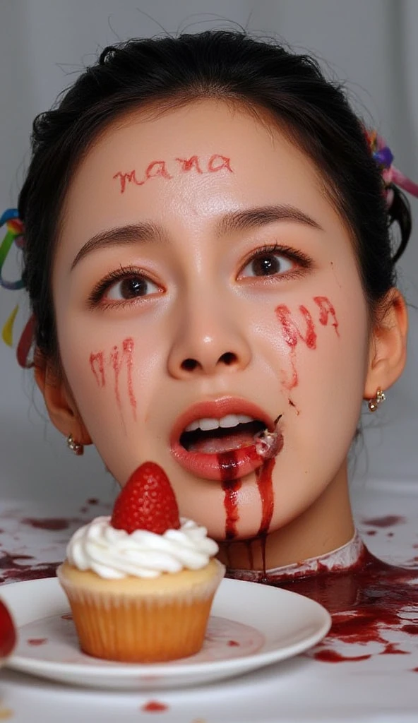arafed woman with mouth taped to mouth and microphone in front of her, cruel korean goth girl, ahegao face, clean brutal blooded face, bloody face, scary look, ahegao, blood on clothes and face, scary face, y 2 k cutecore clowncore, with fangs, brutal bloody sluty make up, blood dripping from mouth, horror face