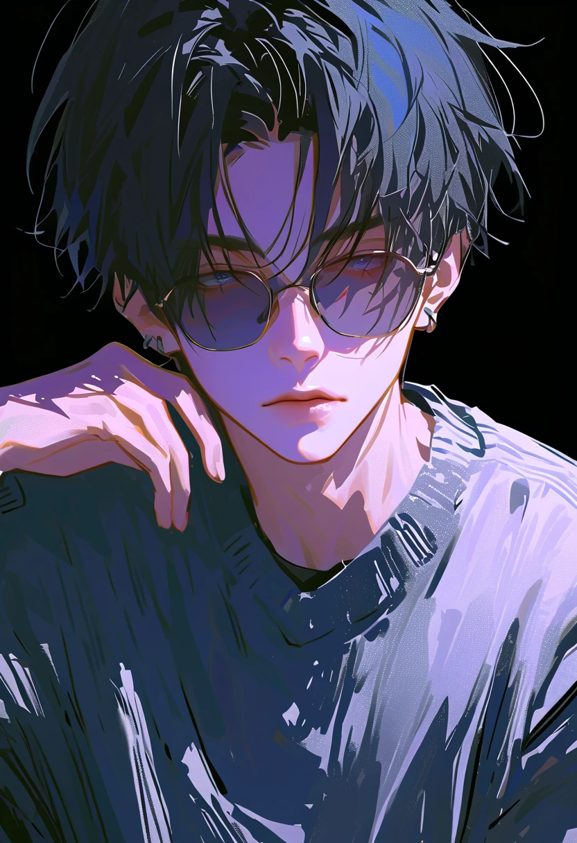 impasto, short hair, Masterpiece, best quality , 1 person , black hair with GLAY inner hair color , perfect face , GLAY Eye , handsome man , Alone, blue-white skin , adult male , upper body , Delicate line drawing, front with side View , very detailed , black background , sketch , Stylish clothes , black sunglasses , border color cardigan, modern style , piercing , sit , expressionless , rest one's chin on one's chin , one's eyes from above