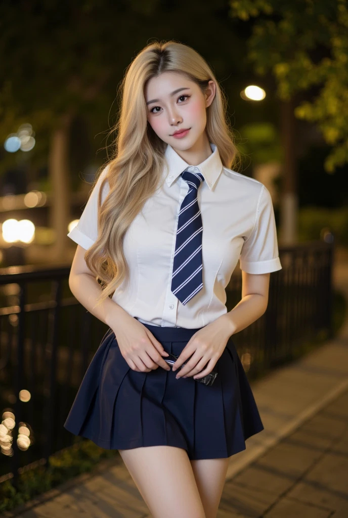 Gray eyes, Korean school uniform, Summer shirts, Ribbon Tie, skirt, Bright Blonde, school stairs, going down school stairs, Chest-up posture, Breast exaggeration pose, 8k RAW photos, high resolution, 16 year old Korean guy is so handsome, Very round breasts, Beautiful eye details, Long eyelashes, Beautiful double eyelids, Eyeshadow, Eyeliner, Slender eyes, Elongate the shape of the eyes, Three white eyes, Smile, Expression, Very slender beautiful legs, Beautiful slender thighs, Random medium-length hair, hair tied behind the head, earrings,