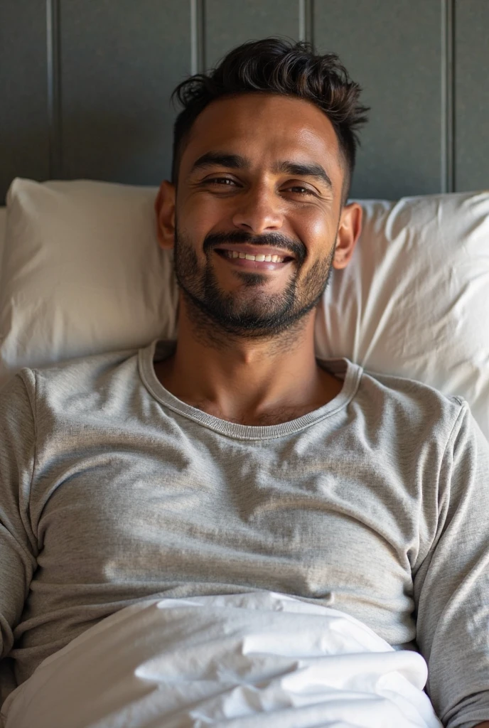 The picture should show my best friend Theo sitting on the bed shirtless, with his legs outstretched and a smiling, natural expression on his face. The bed will be in a simple setting, and Theo shows his 44 cm feet without socks to that picture.