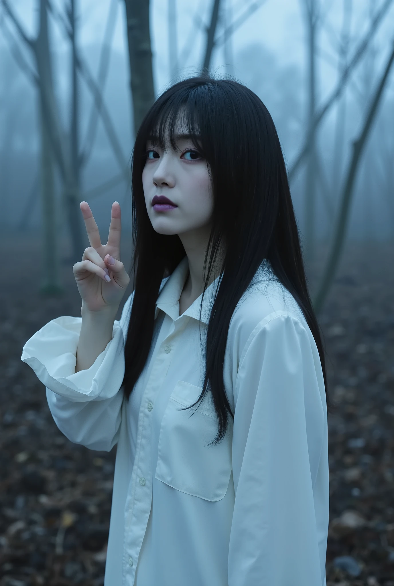 Create a hauntingly beautiful portrait of a Japanese actress set in a horror movie scene. She has ghostly white skin, deep purple lips, and an eerie presence. Her long, disheveled black hair obscures part of her face, contributing to her terrifying appearance. She wears a flowing, pure white dress that contrasts with the dark atmosphere. The background features a desolate, withered forest shrouded in thick fog. The actress is posing with a V-sign, enhancing the unsettling yet captivating vibe.