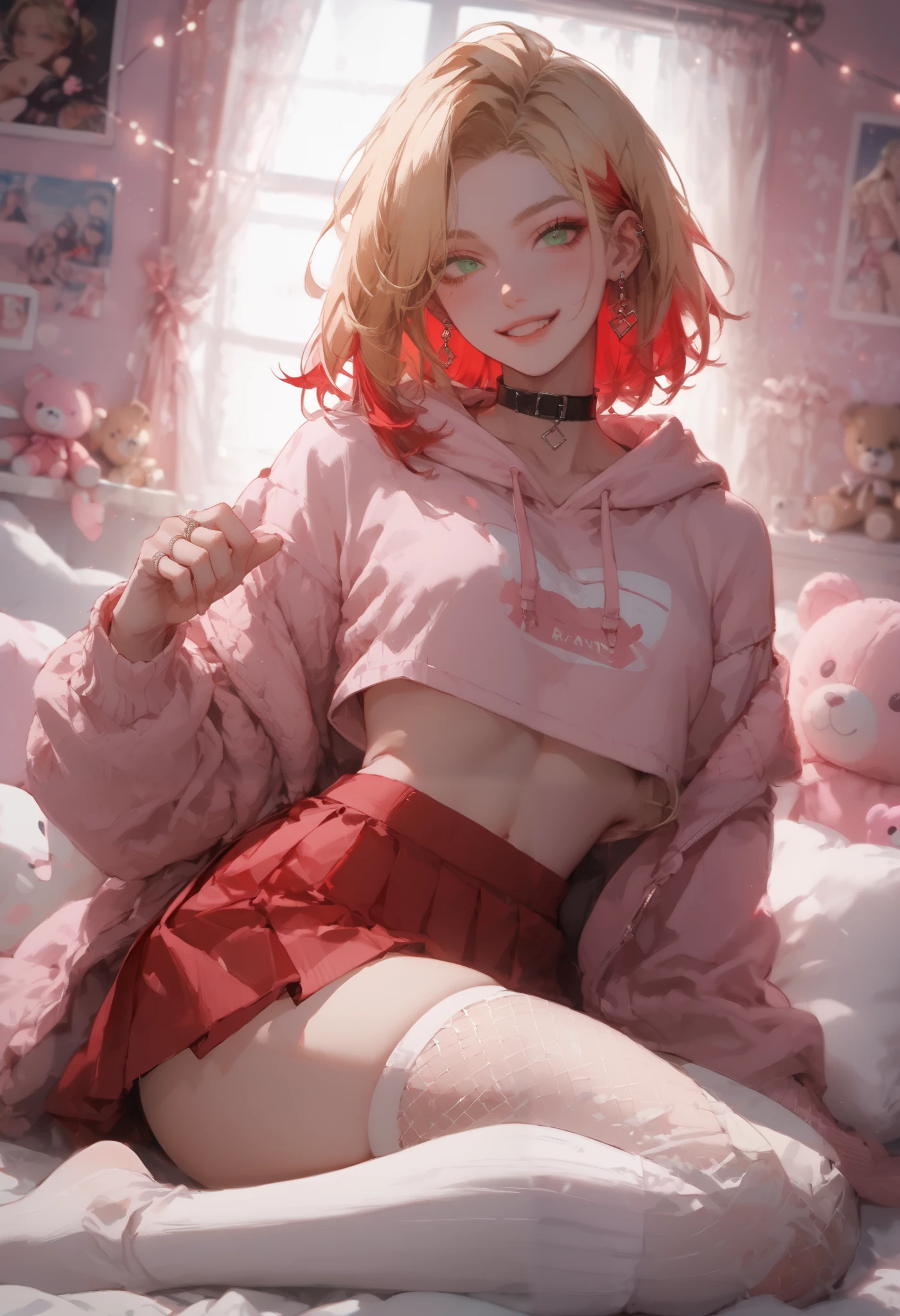 (Score _9, Score _8_climb, Score _7_climb), attractive femboy, long blonde hair with red highlights, green eyes, slim waist, thick thighs. Soft yet defined facial features, giving off an alluring and playful charm.
Outfit: Cropped hoodie (pastel or vibrant color) paired with tight high-waisted shorts or a pleated mini skirt. Thigh-high socks or fishnet stockings. Cute accessories like earrings, rings, and a choker with a small charm.
Pose: Sitting on a bed with one leg bent, the other stretched out, slightly leaning back on his hands. A playful smirk or teasing expression, head slightly tilted. Hair tousled, a few strands falling over his face.
Background: A cozy, neon-lit bedroom with LED strip lights glowing in soft pink and purple tones. Posters, plushies, and a cluttered vanity with beauty products scattered around, giving off a stylish but slightly messy vibe.