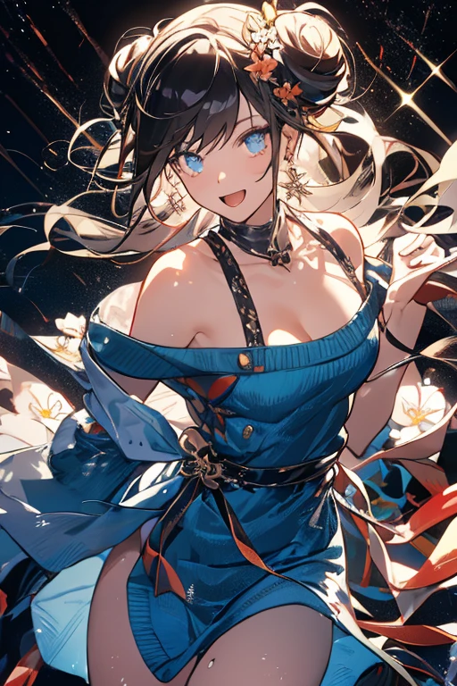 top-quality、Top image quality、masterpiece、girl with((、teen ager、cute lit Bust、big bast,Beautiful blue eyes、Breasts wide open, Dark hair、red hairs、Longhaire、A slender,Large valleys、,black floral dress、a smile、blue scarf、Black wristband)),hiquality、Beautiful Art、Background with((Large space)))、,masutepiece、visualart、depth of fields、