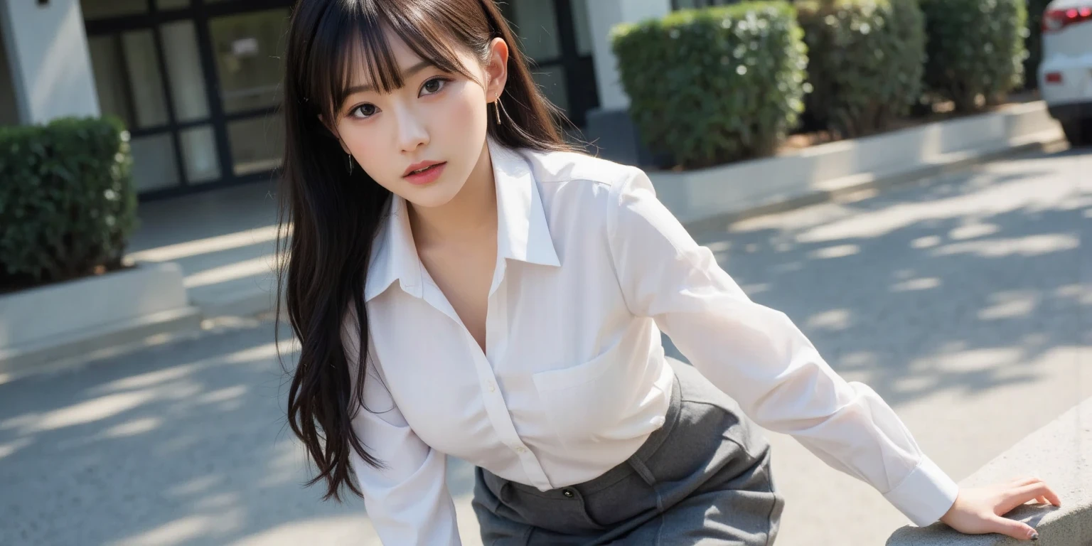 (1woman), Beautiful, Amazing face and eyes, makeup, (extremely detailed beautiful face), seducting smile, (Best Quality:1.4), (Ultra-detailed), (extremely detailed CG unified 8k wallpaper), Highly detailed, raw photos, Professional Photography, (Business Suit, Mini skirt:1.2), (Business shirt with wide open chest), (Spread your legs), (cameltoe:1.3), (beautiful scenery:1.2), 