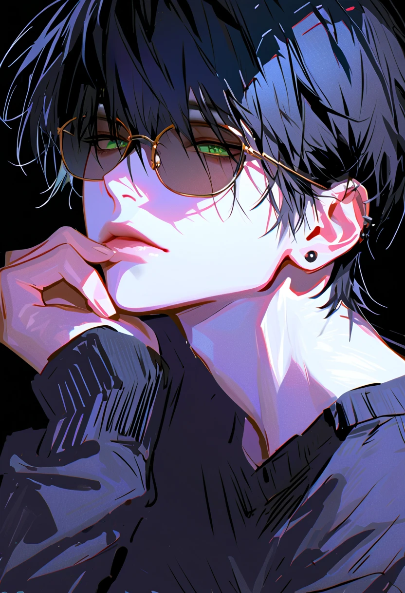  impasto,  short hair, Masterpiece,  best quality , 1 person , black hair with GLAY inner hair color , perfect face ,  GLAY Eye  ,   handsome man   , Alone,  blue-white skin ,  adult male  ,  upper body , Delicate line drawing, front with side View ,  very detailed ,  black background , sketch ,  Stylish clothes , black sunglasses ,  border color cardigan, modern style , piercing  , sit , expressionless , rest one's chin on one's chin , one's eyes from above