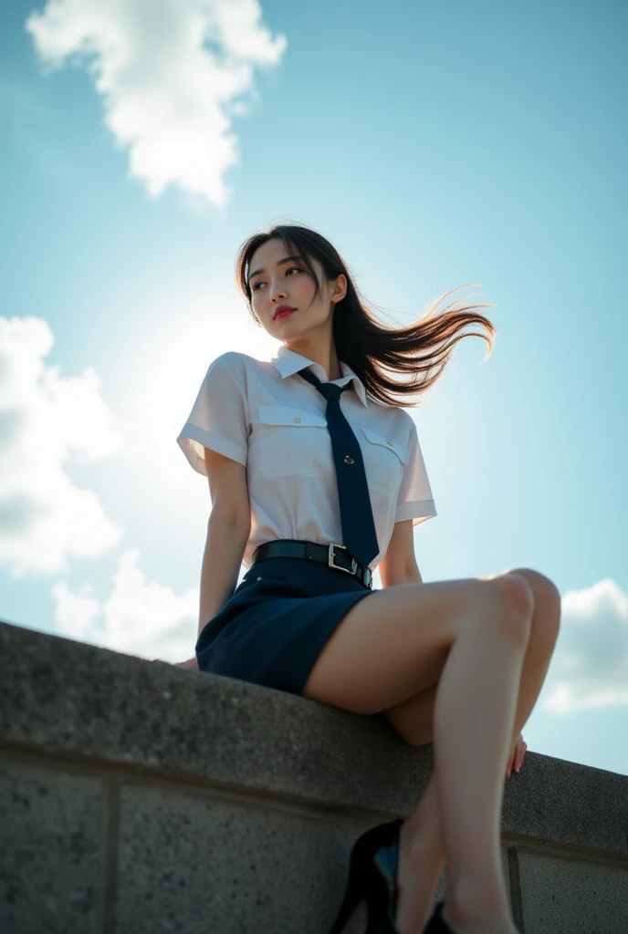 (Best Quality, hight resolution, masutepiece :1.3), (Taken from below), Pretty Woman, Orange sunset sky, Sun and clouds on sea background, Cute girl in uniform. Her hair is light brown in medium bob style. She wears a white blouse and pleated skirt, squatted with legs wide open, Blushing face, looking in camera, Dynamic shooting angle
