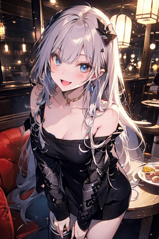 ((highest quality)), ((High resolution)), ((masterpiece)), (detailed), 
View Viewer, Cowboy Shot, 1 girl, Japanese, Mature Woman, Perfect Face, Cute and symmetrical face, Shiny skin, 
(Long Hair:1.4, Silver Hair), Hair between the eyes, blue eyes, Long Eyelashes, (Big Breasts:0.9, Thick thighs), 
Beautiful Hair, Beautiful Face, Beautiful fine details, Beautiful clavicle, Beautiful body, Beautiful breasts, Beautiful thighs, Beautiful feet,
(Sexy Dress, Wearing a shawl),
(Beautiful views), night, sake, bar, (Cute smile, Upward glance), 