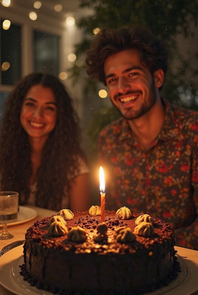 Photography of a 20 year old Asian guy with long curly hair wearing a jeans jacket, white t-shirt, jeans, boots, sitting with a 20 year old Asian woman with a slightly fat body wearing a jacket in Europe. Evening atmosphere celebrating a birthday with a birthday cake.