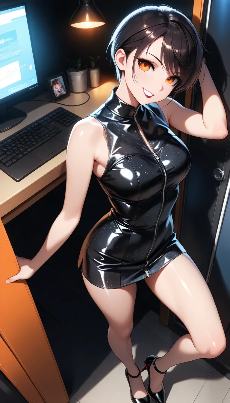 photorealistic, octane render, best quality, 1girl, skinny, petite, narrow waist, long hair, (pixie cut hair, Metallic silver hair:1.1), amber eyes, huge breasts, black dress, short skirt, black thighhighs, hair ornament, armband, choker, jewelry, standing, thighs, makeup, smile, looking at viewer, sharp focus, (8k), (4k), (Masterpiece), (Best Quality), realistic skin texture, extremely detailed, intricate, hyper detailed, illustration, soft lighting, high resolution, sharp detail, vivid, colorful, indoors, living room, flat screen television, detailed background,  <lora:add_detail:0.6> <lora:YorBlackDress:0.85>