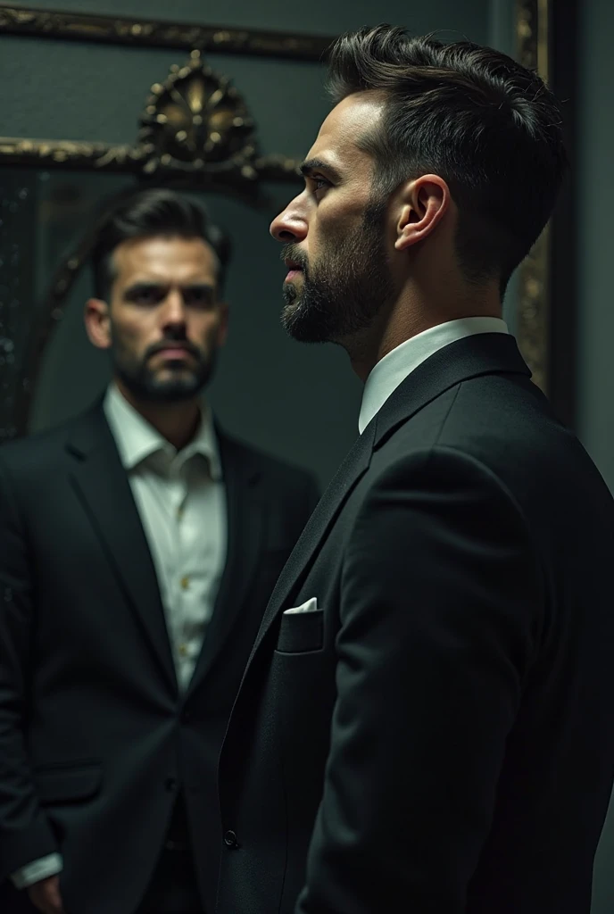 Two men are mafia bosses, wearing a vest with white skin, huge, burly, polite, muscle, Handsome, black hair