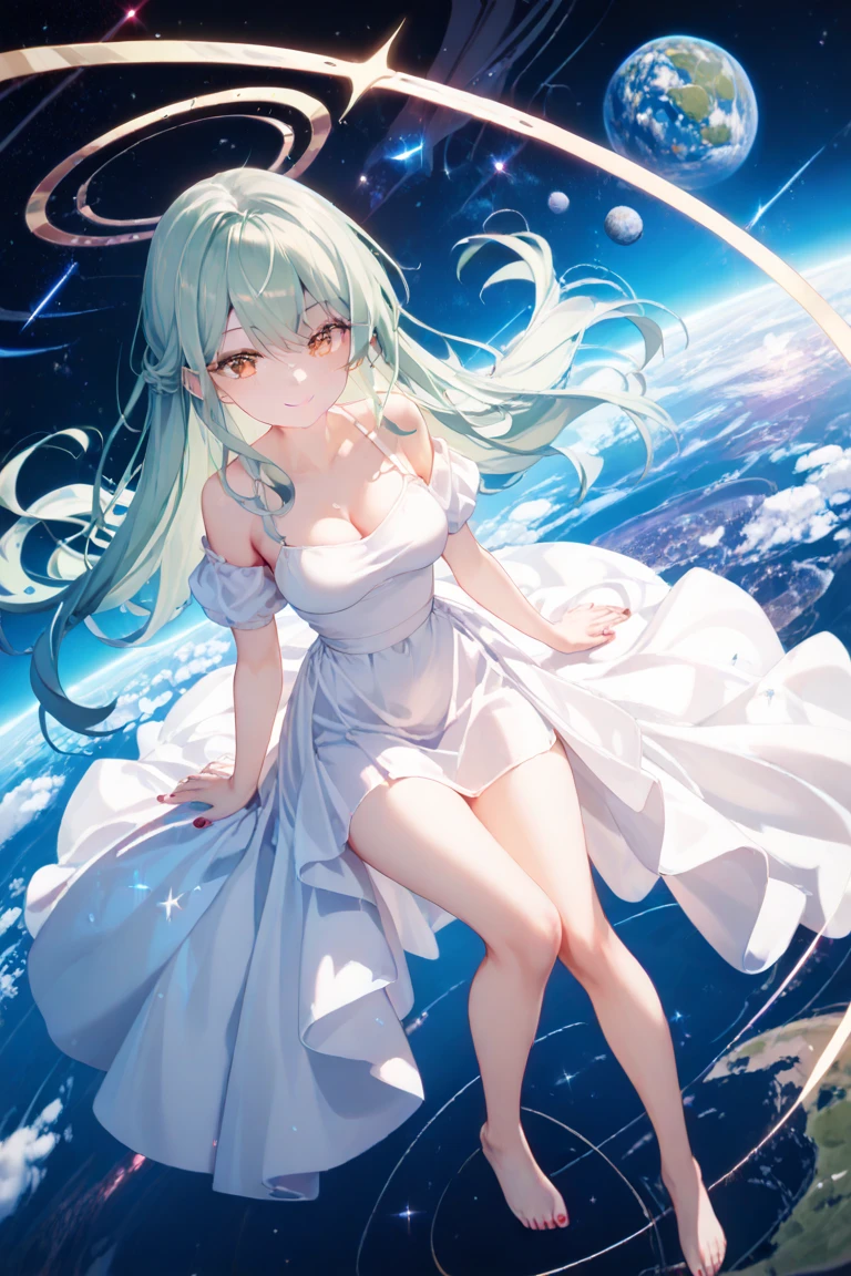 absurd res, high res, (masterpiece:1.4), ultra-detailed, 1girl, from above, space, floating