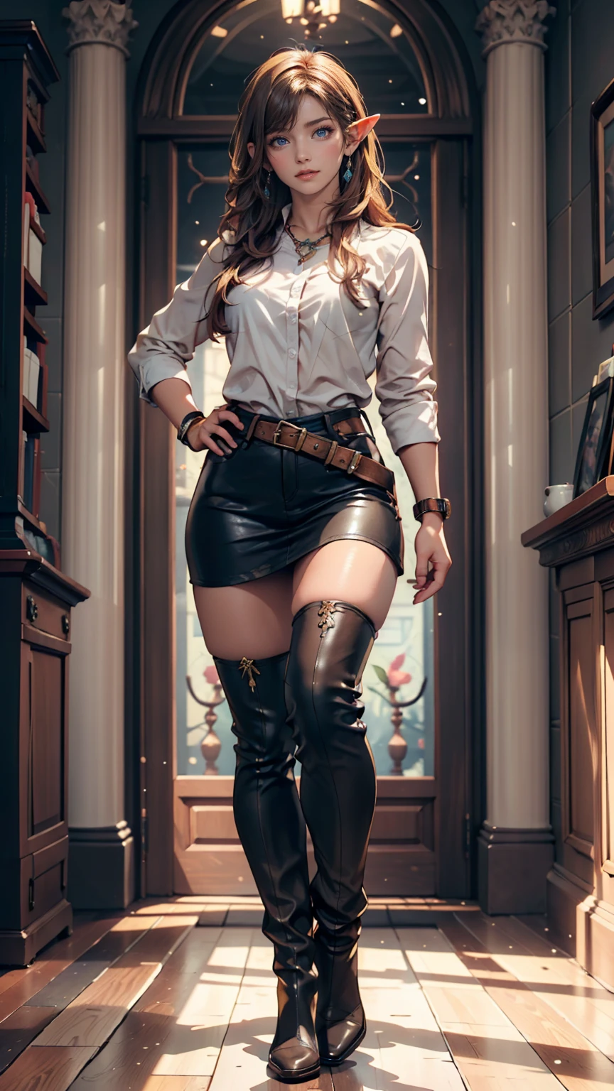 8K, Masterpiece, Best Quality, Realistic, higly detailed, Cowboy shot, 1girl, 独奏, Serious, Sensual lips, Expressive Ahoge, Slightly wavy long brown hair, Collected in the tail, Large shiny dark brown eyes, Small stature, Rounded Thighs, Well-endowed nude figure, eyeglasses, Cute, long leather coat, without underwear, Rocking boots, Vandal