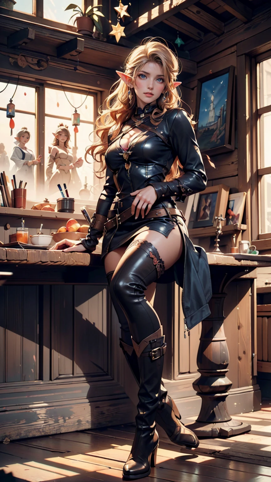 MadMoxxy, 1girl, solo, breasts, gloves, hat, cleavage, thighhighs, crossed legs, sitting, boots, large breasts, choker, brown gloves, brown footwear, skirt, black hair, stool, belt, looking at viewer, leather, garter straps, makeup, long hair, bar (place), brown hair, lipstick
<lora:epi_noiseoffset2:1>, <lora:MadMoxxy:0.7>