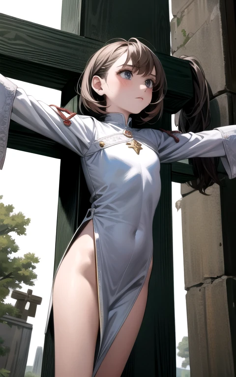 nsfw, masterpiece, extra limbs,1 japanese girl , brown short ponytail,brown pubic hair, tareme blank grey eyes, flat chest small nipples small areolas,athlete skinny tanlines tanned skin body,expressionless:1.5,track and field uniform