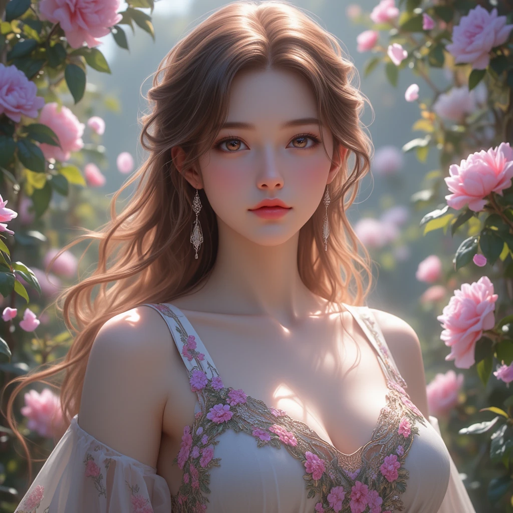Nudity, Bare chest, No Top, (masutepiece,Best Quality:1.4),(8K,Raw photo,photographrealistic:1.2),(FULL BODYSHOT:1.1),Goddess of Roses, long hair with the color of rose petals, elegant dress adorned with deep red rose flowers, lshiny skin,detailed skin,detailed face,detailed eyes, beautiful woman, beautiful face, ush garden filled with blooming rose, Shimmering rose petals dance, sparkling in the light, holding a single rose in hand, White rose flower crown, pendant shaped like a rose, sandals adorned with rose patterns, sunlight filtering through the leaves,