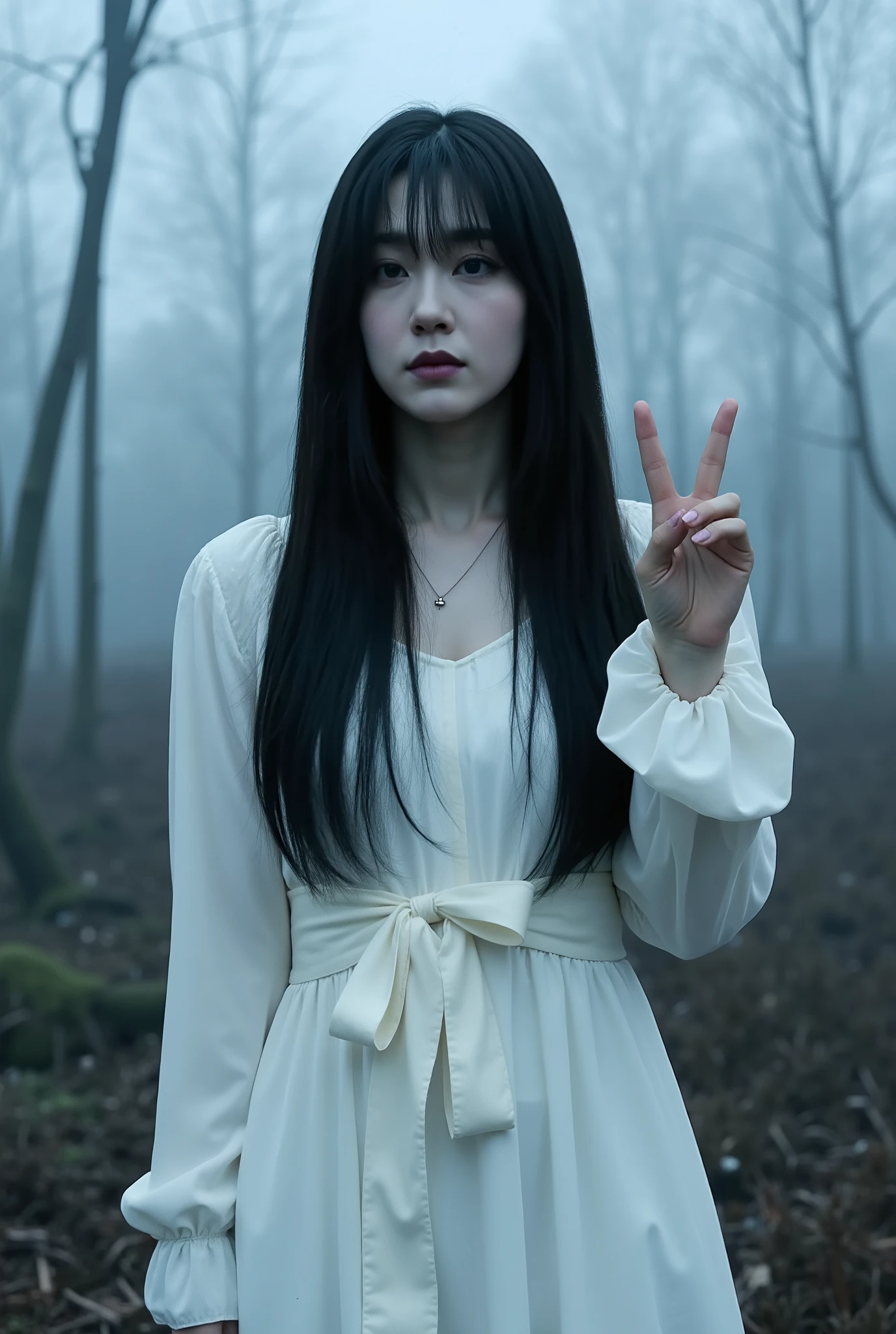 Create a portrait of a beautiful Japanese actress on a horror movie set. She should have ghostly pale skin, deep purple lips, and an eerie presence. Her long, disheveled black hair should cover her face, giving her a terrifying appearance. She is wearing a flowing, pure white dress. The background features a desolate, withered forest shrouded in thick fog. She is making a V sign with her fingers.
