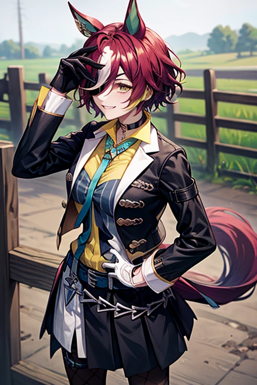 best quality, breast suppress, <lora:umamusume_taninogimlet-10:.9> tanino gimlet, hair over one eye, horse ears, eyepatch, horse tail, black jacket, yellow shirt, necktie, mismatched gloves, black gloves, white gloves, skirt, fishnet pantyhose