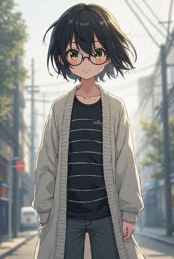 Anime, solo,bestquality, masterpiece anime,murata range,impresive eyes, seductive look, black hair, wearing slim fit, glasses.
