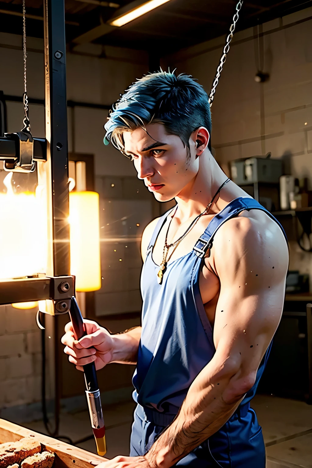 (( big blue eyes ))A 20 year old young man has light blue hair((A 20 year old young man has light blue hair))young male muscular blacksmith、Smooth skin, thin chin and cheeks、Healthy tanned and smooth skin、Dynamic actions while working(Coveralls))Stand and use tools((swings up the hammer))