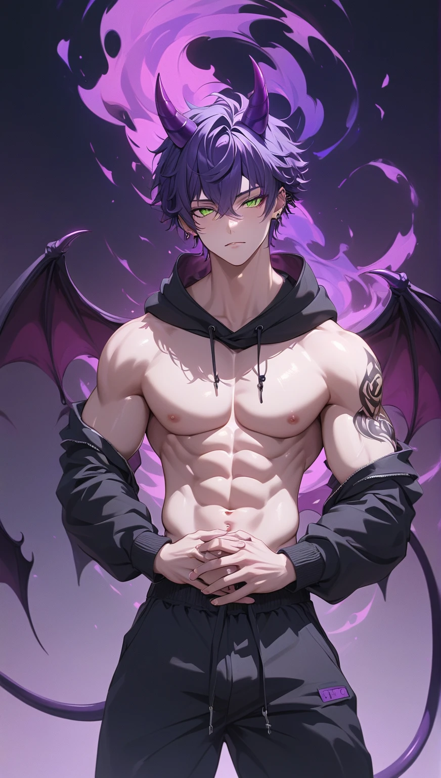 (((Masterpiece))), (((Best Picture Quality))), High Quality, (((Rich and Vivid Colors))), ((Abundant Details)), (Ultra-High Resolution), 8K Resolution, Exquisite Imagery, (((Strong Perspective, Intense Visual Impact))). Anime Style, Manga Style, Illustrations, Original Art, CG. Depth of Field, Eye Level, (Full Body Shot, Full Body Standing Illustration), (Pure White Background). (((Solo))), (Handsome Guy, Cool and Dashing, Beautiful Young Man, Boy), Warrior and Swordsman Classes, ((Male Protagonist Attire, Male Lead)), Pale and Delicate Skin, (Protagonist's Face), Hedgehog Hairstyle, Devil Horns, (Blue Short Hair), (Purple Tips), Lively and Spirited (Bangs), Under Thick Eyebrows (Refined Facial Features, Perfect Face), Watery, Bright and Expressive ((Golden Glowing Eyes)), a Pair of Elf Ears, Half (Devil Wings) Growing from Behind, and (Devil Tail). He Maintains a Combat Stance, (Battle-Weary) He, with Particularly Noticeable (Wounds) on His Body, (Gloves and Bracers) in Tatters, Excited Expression, Tense Demeanor, Face and Body Covered with (Beads of Sweat), Mouth Slightly Open Revealing (Fangs), (Barefoot), Holding a Sharp Sword, Charging Forward, (Red Crystal Pendant) Around His Neck, and the Blouse Fluttering in the Wind Revealing (Lean Physique), Sexy and Firm (Abs), (Navel). Surrounded by Luminous Blue (Lightning and Gases), Floating Nearby are Condensed (Crystals), and (Flames), Above His Head Appears a Huge Purple-Red Magical (((Magic Circle))).