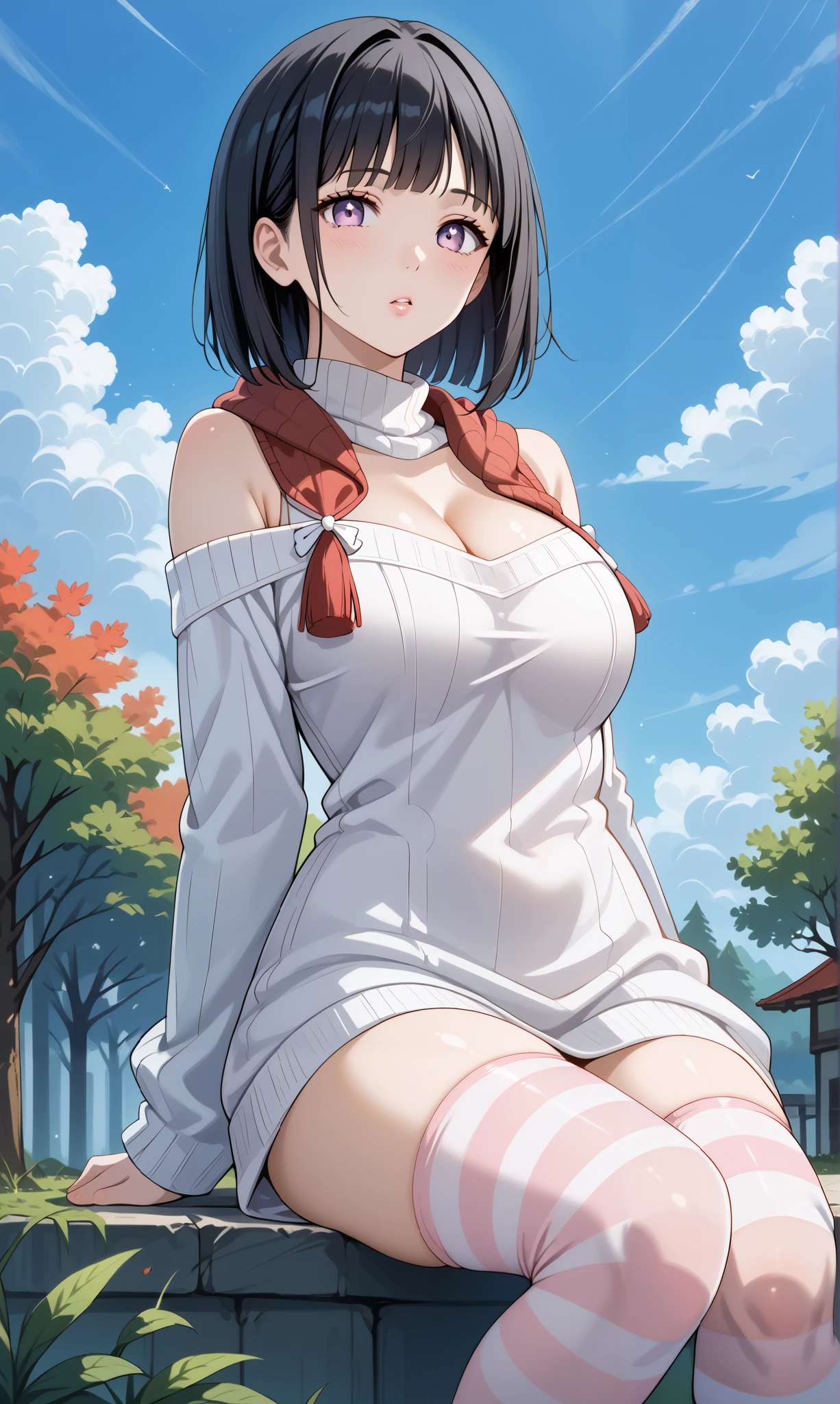 score_9, score_8_up, score_7_up, source_anime, 4K,perfect fingers,(perfect hands, perfect anatomy),prefect lighting, very aesthetic, intricate details,highly detailed background, masterpiece, high quality, best quality,
1girl, hinata_boru, bangs, short hair, black hair, huge breast,dense chest,
Wearing ((thighhighs, cleavage, bare shoulders, off shoulder, sweater, turtleneck, striped, striped thighhighs, white sweater, pink thighhighs, )),,
sitting, outdoors, parted lips, sky, cloud,