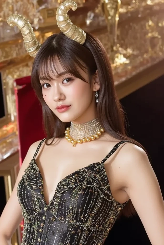 Yor Briar, Beautiful woman in anime style, One girl,whole body, Happy, 笑face, red face, Mouth closed, Beautiful attention to detail, Highly detailed skin, Backlight, Bare shoulders, Black background, black dress, black gloves, Black Hair, chest, dress, Earrings, fingerless gloves, Floating Hair, flower柄プリント, flower, gloves, gold Earrings, gold hair band, hair flower, hair ornaments, hair band, Holding, Holding arms, jewelry, large chest, Long Hair, View your viewers, off-shoulder dress, Off the shoulder,Red eyes, Long Hairの短い髪, Side Lock, alone, spike, Thighs, two-sided dress, Double-sided fabric, arms, Combat Stance , face, close, From above, Highest quality, High resolution.