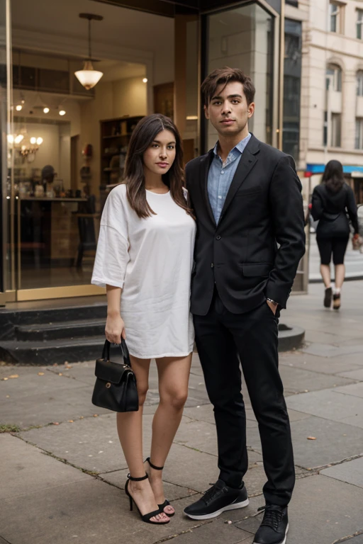 dos modelos. uno hombre y la otra mujer con ropa moderna basada en el renacimiento, la mujer con vestido y el hombre con traje
