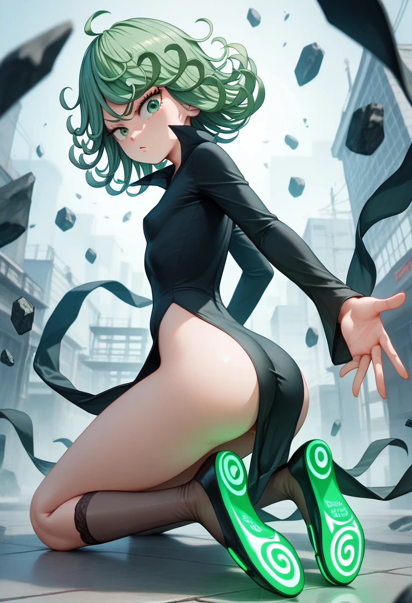 masterpiece, best quality, ultra-detailed, illustration, epic lighting, cinematic composition, 1girl, tatsumaki, very small breasts, black dress, pelvic curtain, long sleeves, green eyes, glowing eyes, crossed arms, pouting, closed mouth, piercing gaze,standing, legs apart, from below, looking at viewer, blue sky, (8k:1.1)