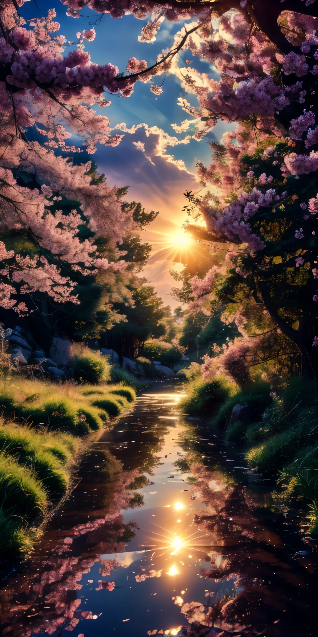 beautiful cherry blossom tree branch ,beautiful sun rays, illustrations view, mind soothing view, Surrealism, high detail, Romanticism, reflection light, ray tracing, depth of field, motion lines, 8k, super detail,