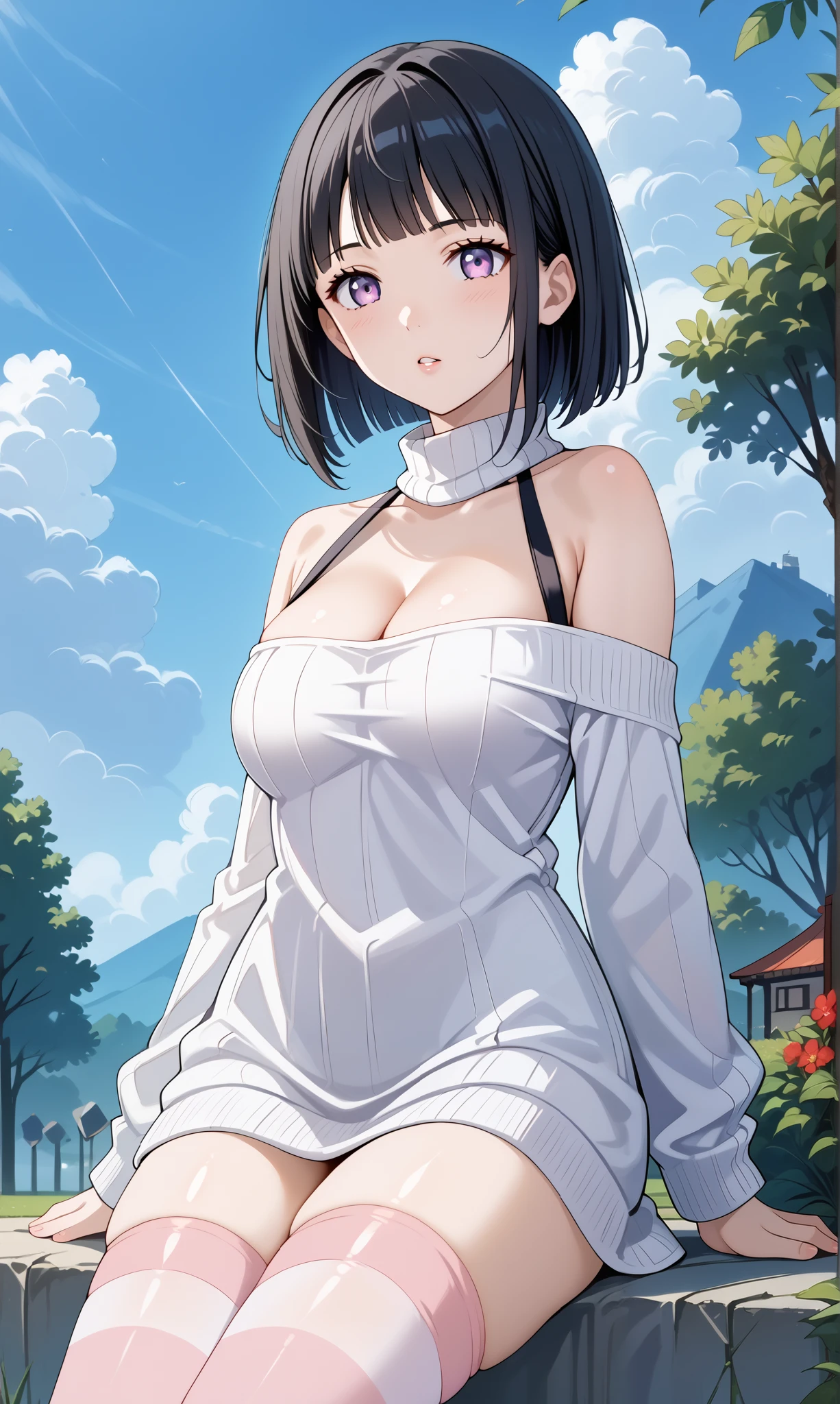 score_9, score_8_up, score_7_up, source_anime, 4K,perfect fingers,(perfect hands, perfect anatomy),prefect lighting, very aesthetic, intricate details,highly detailed background, masterpiece, high quality, best quality,
1girl, hinata_boru, bangs, short hair, black hair, huge breast,dense chest,
Wearing ((thighhighs, cleavage, bare shoulders, off shoulder, sweater, turtleneck, striped, striped thighhighs, white sweater, pink thighhighs, )),,
sitting, outdoors, parted lips, sky, cloud,