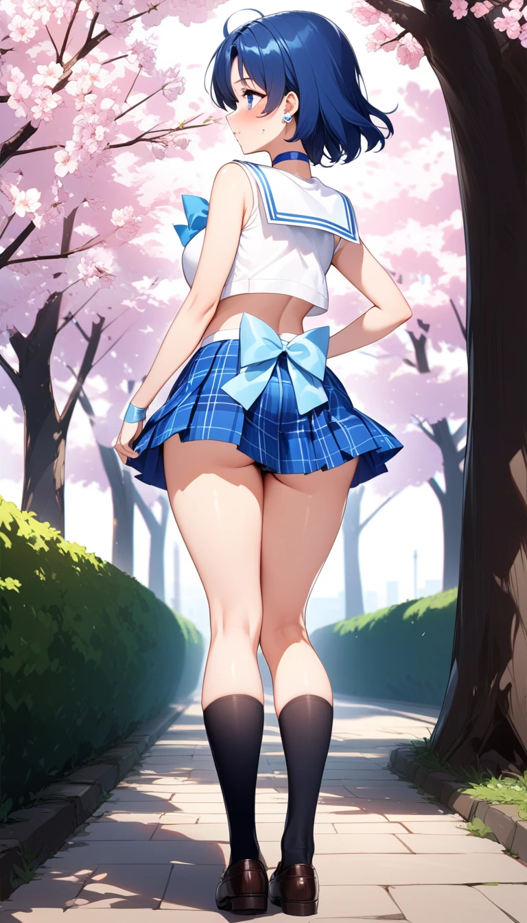 (best quality:1.5, highres, UHD, 4K, detailed lighting, shaders), blonde ponytail, large breasts, from below view, school sailor uniform, skirt lift, (panties), wind, close shot, crotch, thighs, sky background
