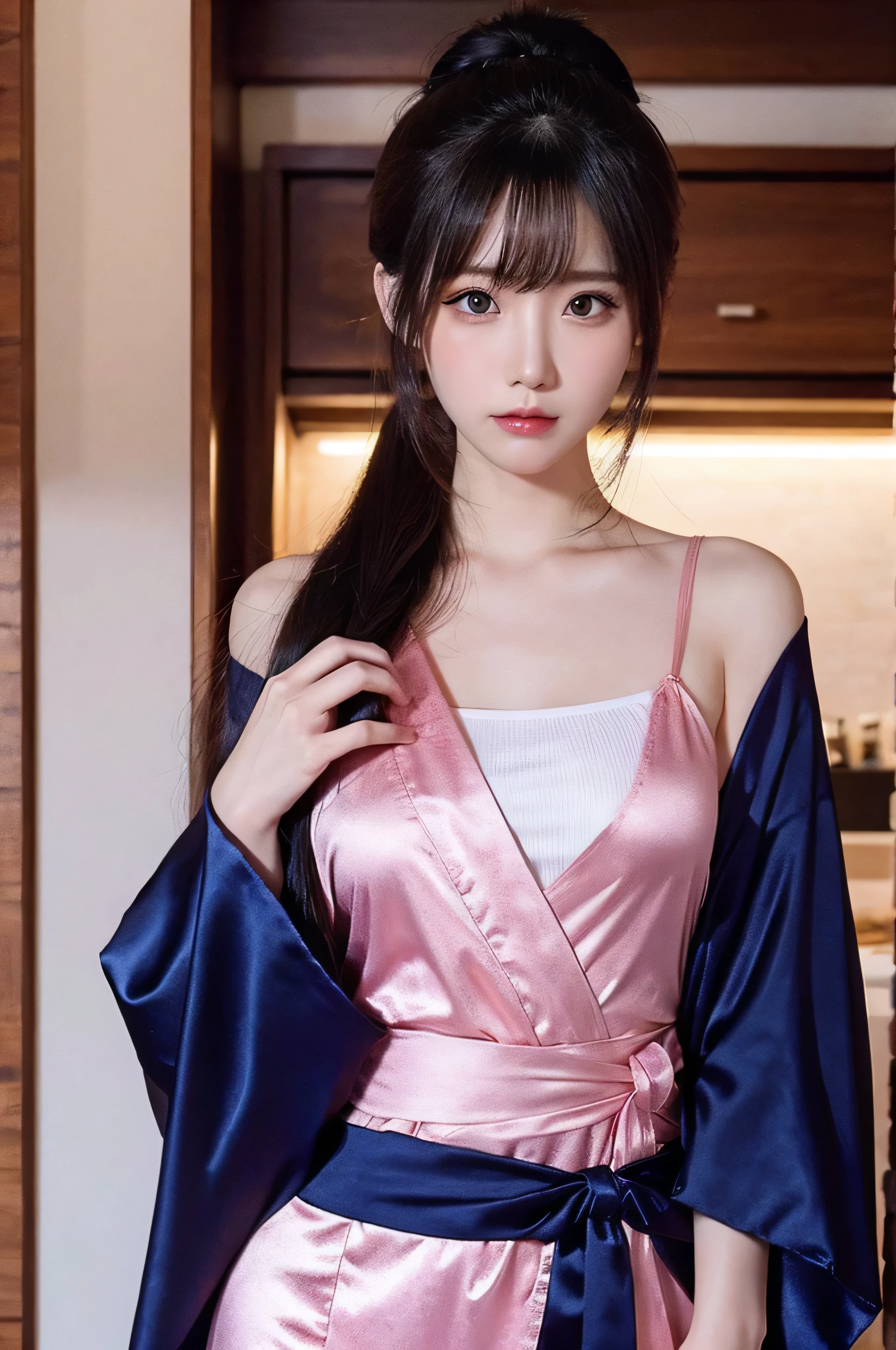 She is wearing a dress with a kimono motif.、Japanese style dress、A dress that combines Japanese and Western styles、Wearing a super detailed, super high definition, extravagant and gorgeous long skirt dress, Highest quality, masterpiece, Ultra-high resolution, (Realistic:1.4), RAW Photos, One Girl, In the Dark, Spotlight light, Deep Shadow, Moderate, whole body, 20-year-old, Cute face, Open your mouth、Look at this and laugh、smile、Cute pose