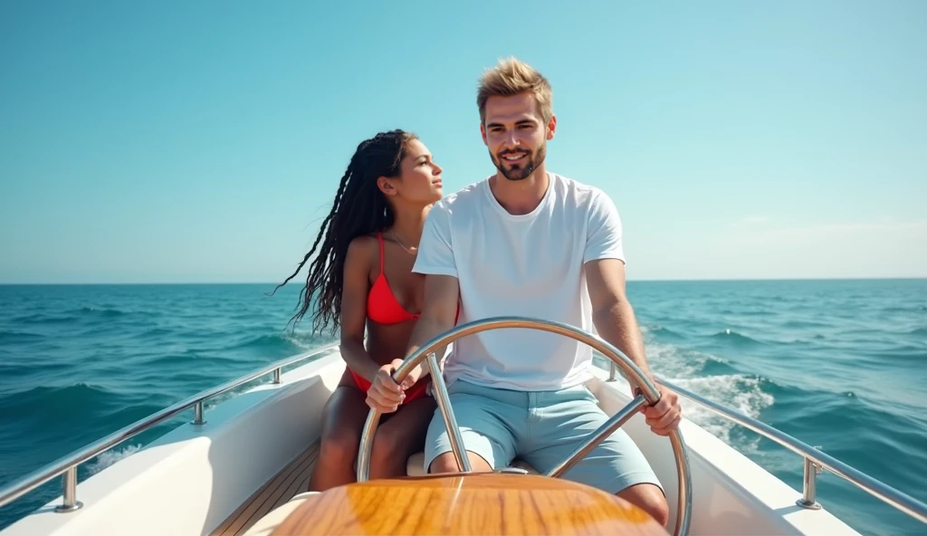 RAW photo, a portrait photo of 40 y.o billionaire white man and super attractive gorgeous wife together, casual style, standing in a bikini a 200 feet sailboat dj party, sailing in high wind, wondering about life, natural skin, 8k uhd, high quality, film grain, Fujifilm XT3, full body and head straight in the photo, facing the viewer of the photo, eyes fixed to the lens, appears shoulders and head in the photo, man and woman centered in the photo, 8k, best quality, masterpiece, realistic, realistic photo, movie photo, ultra realistic, 2 person, detailed, perfect lighting, DSRL, professional photo, 4k, background full view of the clear waters of the Caribbean summer with his attractive wife relaxing, 16:9 aspect ratio --auto
