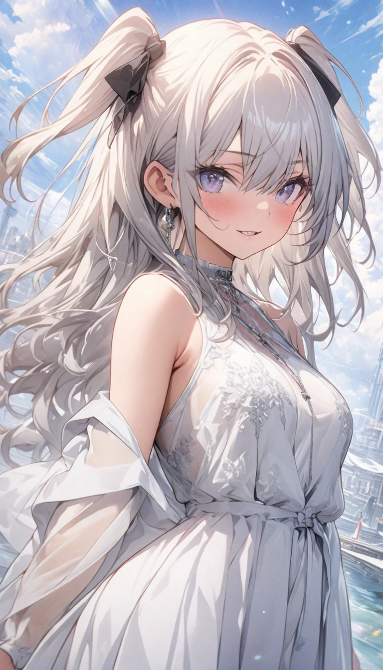 (((巨作))),(((best qualtiy))),((Ultra-detailed)),(illustration),((anextremelydelicateandbeautiful)),(beatiful detailed eyes),(detailedlight) (1girll), 独奏 , Floating_Hair,glowing light eyes,lightblue hair,eBlue eyes, double tails, Light blue sky background,Light blue Christian monument background，White panty hose，Cross necklace，Smile with (Anime style), Beautiful and delicate face，（cute face：1.3），（largeeyes：1.2），（Priestly Maiden Costume），Details installed，（Magic effects：1.3），Flowing skirt，（sheer cloth：1.2），Clear facial features