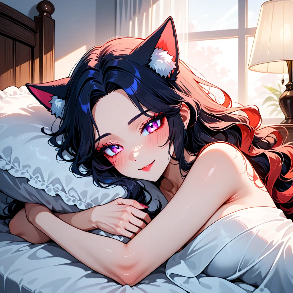 Cat_girl, She covered one eye with her own bangs、 (((Hide one eye with bangs)))、Sleep on your back, Shy smile, From above,, (Vibrant colors), chest,