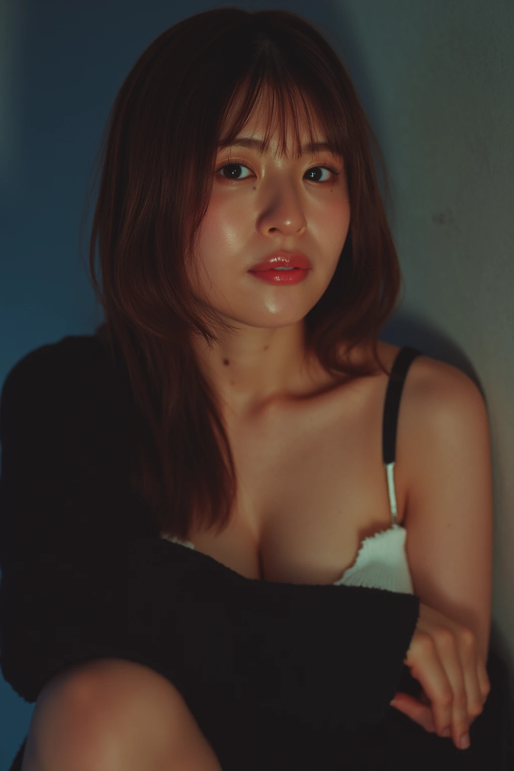 （（（（（（（All Nude）））））））((Reality)), s lips, Detailed background, 1girl in, Squatting in a dark alley、A strong red light shines on my face、16-year-old slim Japanese gravure idol、Natural Breast,, (plaid skirts), small 、Slimed、A slender、Long straight light brown hair, (soft smiling), Look at viewers,Narrow and cramped room、Camisole、Japan's Red Light District、(Prostitutes),(prostitute&#39;s room),(dark ilumination)