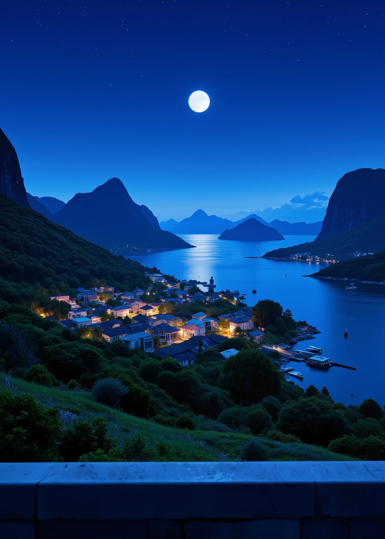 in high-definition images、家のある Vietnamの night view、Halong Bay、 night viewとともに、 Vietnam、moon明かりで視界が良く良い景色、moon、Bay in front of the sea、quiet night、Green and Blue、Digital Illustration、4K high definition digital art 、 night view、 Anime Art Wallpaper 4K、 Anime Art Wallpaper 4K、4K detailed digital art、 natural scenery at night 、Anime Art Wallpaper 8K、 background artwork、 Stunning 4K Art