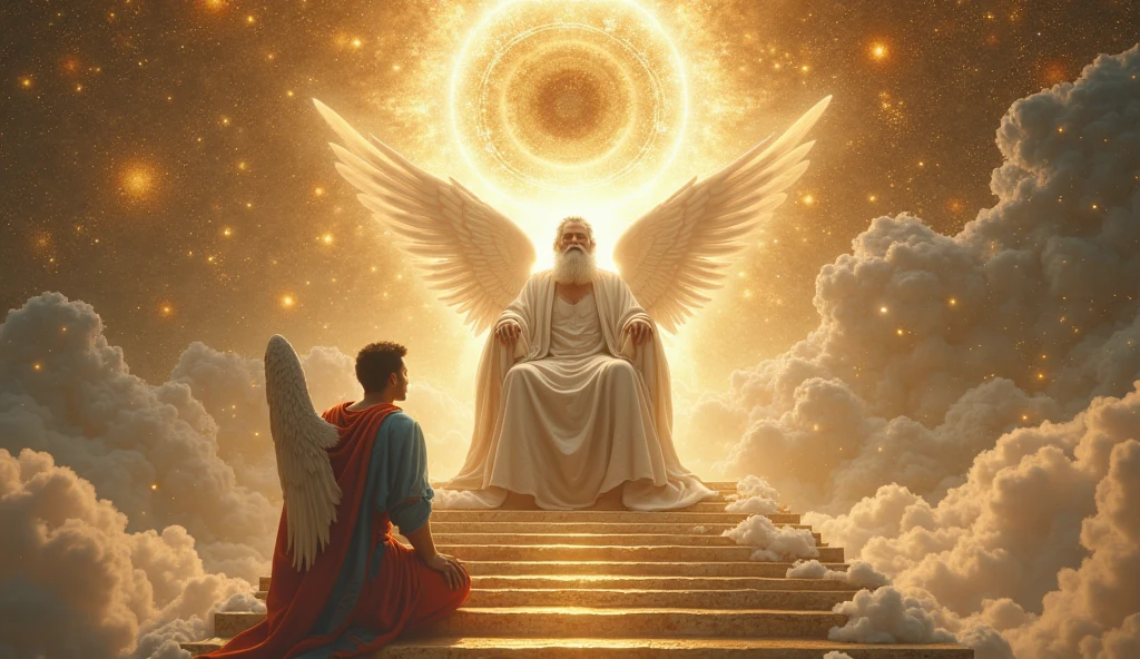super high resolution, best quality, photo, 16k, (photorealistic: 1.2), cinematic lighting, An old man in the shape of a mythical god. Depict the god holding the sun and moon, enveloped by a radiant aura. Seat them on a magnificent throne within a cosmic backdrop, in bright white cloaks floating on the crystal throne, floating on crystal clouds, surrounded by the splendors of the universe. Pay meticulous attention to stunning details and achieve a resolution of 64K for an immersive and realistic visual experience. Let your work capture the essence of myth and wonder, leaving viewers in awe of its beauty and power.