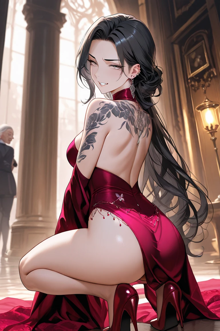 A widow in a black kimono sits sideways in a Japanese-style room with tatami flooring, exposing her voluptuous legs. She brushes back her long hair with her left hand, looks down and looks up at me with a seductive gaze., A subtle, yet chilling smile plays on her sensual lips, coated in dark lipstick. Her long, glossy black hair is tied back, framing her beautiful face with its flawless features: a perfect nose, delicate nostrils, and an ideal facial structure., (1mature lady:1.1), black widow, a wanton slut Unsettling, 35year-old, slyly looks, Cruel grinning slit eyes, (evil seductive smile:1.3), Peach-like Big Butt, deep and smooth Butt crack, masterpiece, every detail is meticulously crafted to ensnare your gaze, drawing you into a world where beauty and terror blend in an unforgettable fusion., glistening skin, super detailed skin, glossy skin, Profile, from behind, masterpiece, incredibly absurd res, absolutely resolution, ultra high res, dynamic lighting, cinematic deep shadows, 16k wallpaper