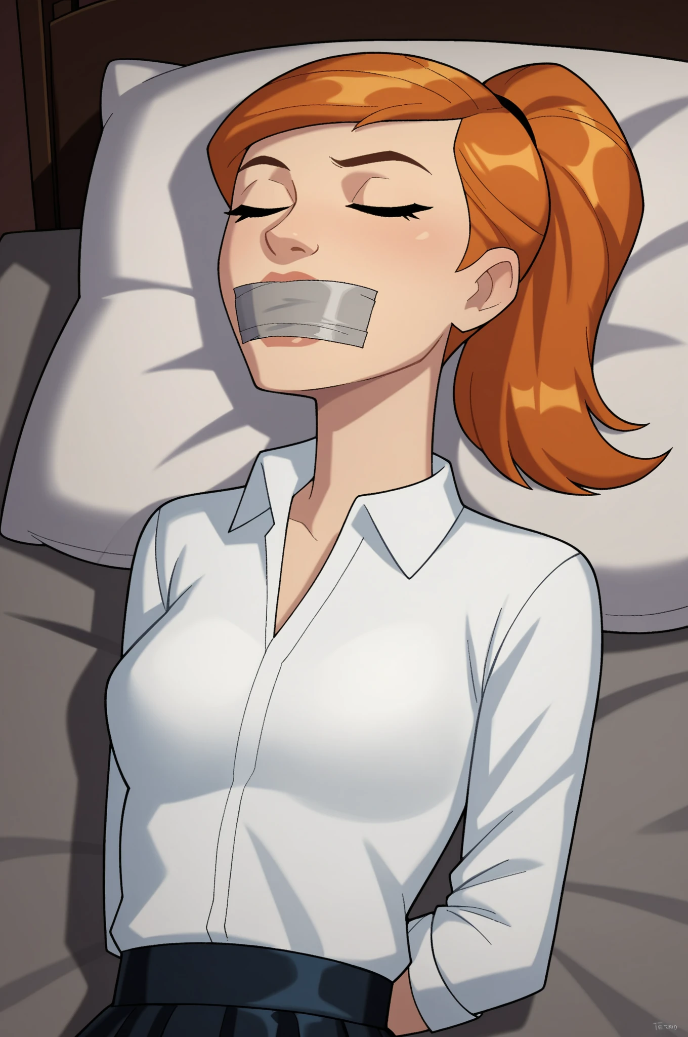 score_9 , score_8_up , score_7_up , score_6_up , score_5_up , score_4_up , BREAK , 1girl , Gwen Tennyson , orange hair , ponytail , green eyes , red and white outfit , white shirt , skirt , pantyhose , bed , bedroom , looking at viewer , lying on the bed , (arms behind back:1 . 4) , grey tape , best anatomy , half body , 1girl , mouth close , tape gag , tape gagged , gag , tape , improvised gag , blindfolded , mouth close , mouth covered double tape , lips covered double tape , eyes closed , sleeping , sleep