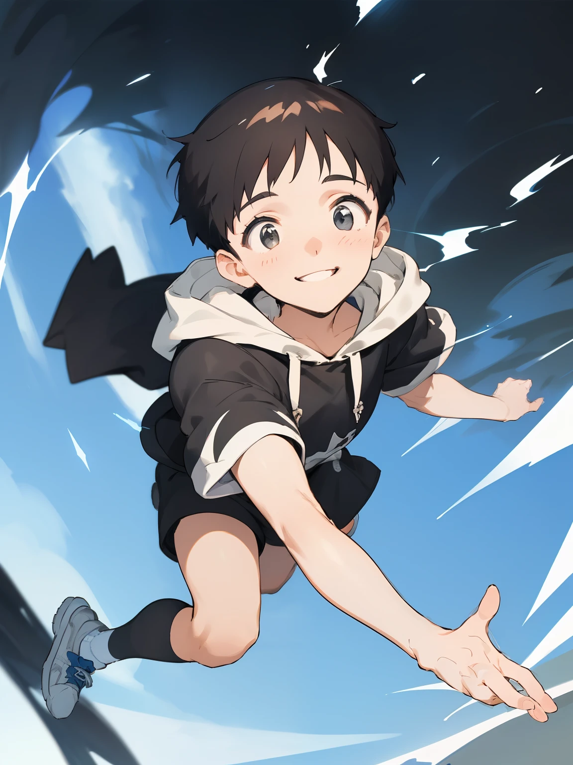 The cute boy's appearance is a cute neutral face with short black hair and long eyelashes. A gentle smiling expression. A black open front hoodie with short sleeves. (Short black spats peeking out from under the hoodie). White socks. Campus sneakers. Full body. ((dynamic pose, dynamic angle)), very detailed and perfect anatomy,