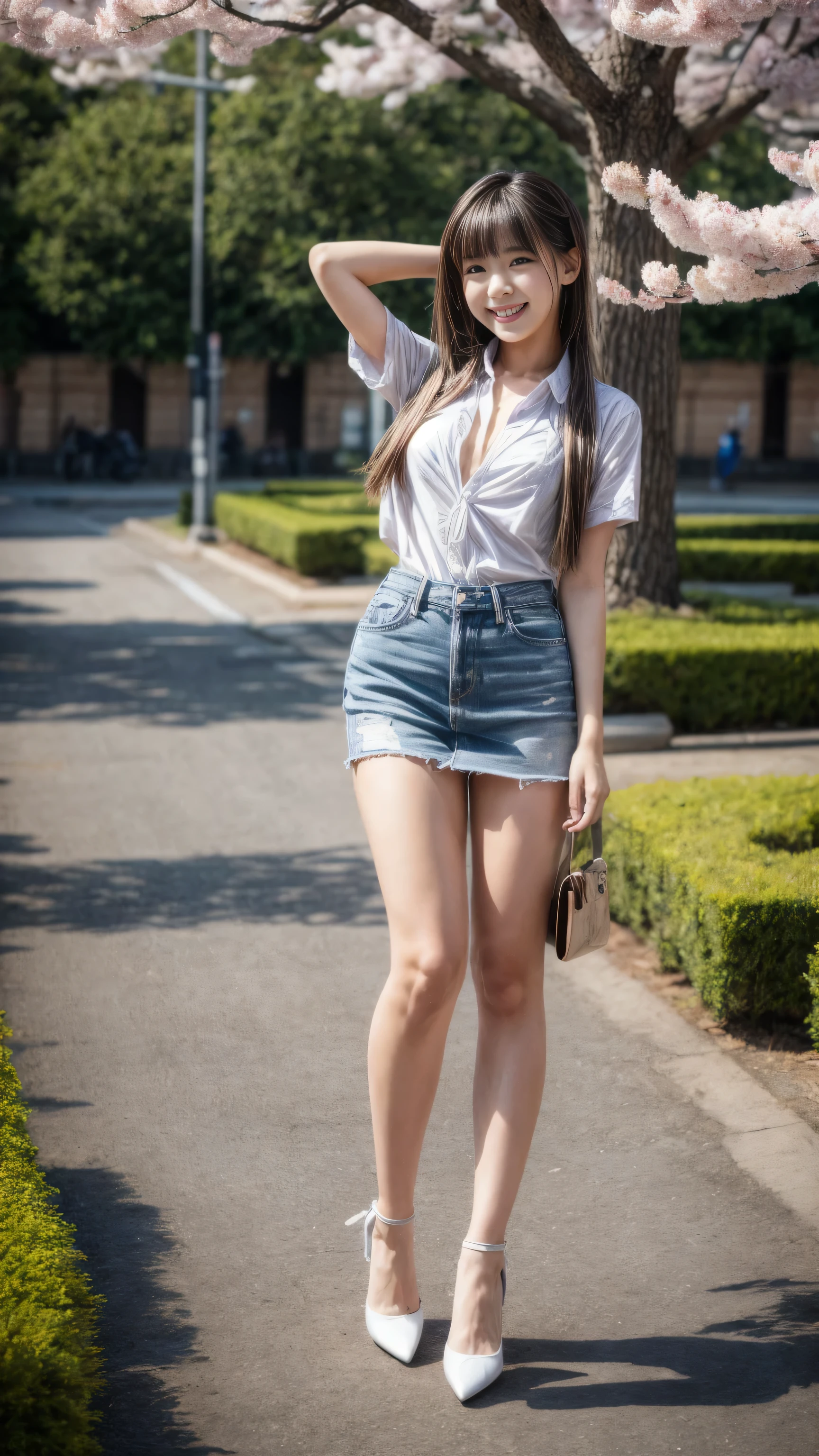 absurdres, RAW photo, extremely delicate and beautiful, masterpiece, Best Quality, ultra high resolution, 16k, hyperrealistic, realistic, photorealistic, photo-realistic, ultra-detailed, perfect anatomy, super Detailed skin, perfect figure, Very detailed CG 8k wallpaper, nude, pussy, shaved pussy, nipple, perfect nipple, perfect breast, small round breast, perfect fingers, slim body, (full body :1.2), super white skin, standing, blushing, windy, sexy leg, smile, puffy hair, bangs, long leg, (nude girls), messy hair, flat bangs, sexy lips, cute hair, no bra, walking on the street, city street, from below, all hands down, open mouth, all nude, all hands down, gold necklace, round breast, long leg, shy, wearing tight denim skirt, walking straight, from below, angkle boots, open crop black leather jacket, sexy denim skirt, tight skirt,