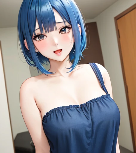 (8k, RAW photo, best quality, masterpiece:1.2), (intricate details), perfect eyes, perfect face, perfect lighting, beautiful, (masterpiece:1.2), (best quality:1.2), 1girl, solo, marinette, blue hair, (( loosen hair)), adult torso, 19 years old, slight smile, huge sized breasts, (sparkling red princess dress), 3DMM, front view,